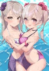 2girls ass bikini blush breasts d4dj dyna_(artist) english_text flower flower_in_hair hugging in_water looking_at_viewer multicolored_hair ocean pressing_breasts_together shinomiya_kokoa swimsuit tendo_hayate text text_on_clothing thighs water wet yuri