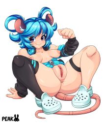 areola ass big_vulva blue_clothing blue_hair blue_headphones blue_jacket blue_topwear breasts butt_from_the_front clitoral_hood clitoris clothing crocs exposed_breasts eyebrow_through_hair eyebrows female footwear genitals hair hand_on_ground hi_res humanoid jacket legband legwear light_body light_skin looking_at_viewer mammal mouse mouse_ears murid murine nails nipples paw_pose peakedcomedy_(artist) pose presenting presenting_vulva purple_eyes rat_tail rodent sinikka_(peakedcomedy) sitting sitting_on_ground solo tail thigh_highs topwear translucent translucent_hair vulva