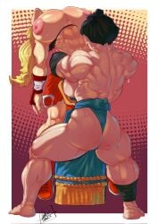 2girls abs bear_hug big_breasts edmond_honda extreme_muscles female fighting final_fight genderswap_(mtf) huge_breasts lukex8a maki_genryusai mawashi muscular muscular_female pink_nipples street_fighter sumo sumo_wrestling