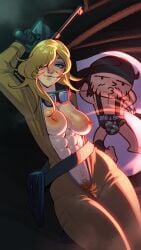 1girls abs areolae blonde_hair blue_eyes bodysuit breasts breasts_out dakimakura_pillow eva_(metal_gear_solid) female female_only goggles_around_neck hair_over_one_eye hairy_pussy handgun hi_res long_hair looking_at_viewer lying lying_on_back metal_gear_solid metal_gear_solid_3 narrowed_eyes nipples open_bodysuit open_clothes pillow playzholder pubic_hair shaded smiling smiling_at_viewer solo