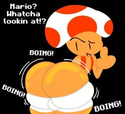 ass bulge butt_focus clothing dialogue femboy fungus hi_res humanoid male mario_bros mushroom nintendo skeletonhearts solo text toad_(mario) wardrobe_malfunction