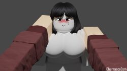 1boy 1girls 3d big_breasts black_hair blush breasts churrascocsm embarrassed emi_(churrascocsm) hand_on_face hands_on_shoulder horny nervous_face no_nipples original_character pov pov_eye_contact roblox robloxian self_upload smile sweat