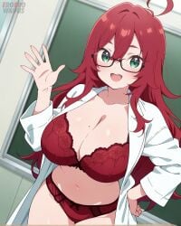 100_kanojo ai_anime_paradise ai_generated bare_thighs gigantic_breasts glasses green_eyes huge_breasts huge_thighs kimi_no_koto_ga_dai_dai_dai_dai_daisuki_na_100-nin_no_kanojo labcoat light-skinned_female light_skin lingerie long_hair looking_at_viewer massive_breasts red_hair smiling solo_female squatting sweat sweatdrop the_100_girlfriends_who_really_really_really_really_really_love_you thick_body thick_female thick_thighs thighs voluptuous voluptuous_female yakuzen_kusuri