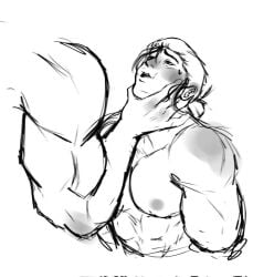 bi-han blush dominant_male dominated_male grabbing_another's_chin grayscale mortal_kombat mortal_kombat_1_(2023) muscular naked no_color sub-zero submissive submissive_male