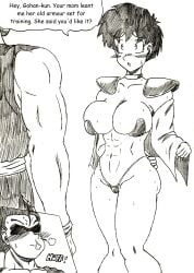 1boy 1girls abs armor armored_female black_and_white blush chichi's_armor clothed_male dragon_ball_z half-dressed half_naked_female son_gohan thewritefiction tight_fit videl videl_(short_hair)