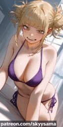 1girls ai_generated artist_name bangs bare_shoulders bed bedroom bikini blonde_hair blush breasts cleavage clothing collarbone curtains eyebrows_visible_through_hair eyelashes fangs female female_focus female_only fringe hair_bun highres himiko_toga hips human indoors leaning_forward looking_at_viewer medium_breasts my_hero_academia open_mouth pinup revealing_clothes shirt side-tie_bikini sitting skimpy skyy_sama smile solo solo_female teeth thighs tied_hair url watermark window yellow_eyes