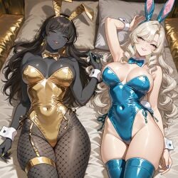 2girls ai_generated arm_up black_hair black_skin blonde_hair blue_bowtie blue_bunny_ears blue_bunnysuit blue_earrings blue_eyes blue_leotard blue_nail_polish blue_nails blue_stockings bowtie bowtie_collar bunny_ears bunny_ears_(cosmetic) bunny_ears_hair_ornament bunny_ears_headband bunny_girl bunny_tail bunnygirl bunnysuit cuff_links cuffs_(clothing) curly_hair dark-skinned_female dark_hair dark_skin detached_collar detached_cuffs earrings fishnet_legwear fishnet_pantyhose fishnets garter_strap gold_bowtie gold_bunny_(floppyudon95) gold_bunny_ears gold_bunnysuit gold_earrings gold_leotard gold_nail_polish gold_nails green_eyes hair_spread_out latex_leotard latex_stockings laying_down laying_on_bed leotard light-skinned_female light_skin lipstick long_hair looking_at_viewer nail_polish navel navel_outline navel_visible_through_clothes open_mouth original platinum_blonde_hair playboy_bunny playboy_bunny_costume playboy_bunny_leotard pov pov_eye_contact provocative shaved_armpit shirt_collar side-tie_leotard skintight skintight_clothing smile smiling smiling_at_viewer stockings stockings_thigh_highs straight_hair strapless_leotard teeth_showing thigh_band thighhigh_stockings thighhighs white_hair white_sheets