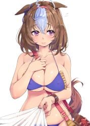 ahoge animal_ears areola_slip areolae bag bangs bikini blue_bikini blush breasts brown_hair cleavage covered_erect_nipples eyebrows_visible_through_hair female female flying_sweatdrops frills hairband highres horse_ears horse_girl horse_tail kntrs_(knyrs) large_breasts medium_hair meisho_doto_(umamusume) purple_eyes silver_hair simple_background solo swimsuit tail umamusume watch white_background wristwatch