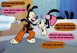 animaniacs animaniacs_(2020) anthro bathroom bottomwear brother_(lore) brother_and_sister_(lore) clothing dot_warner duo english_text female genitals incest_(lore) james_murray male male/female pants paws penis sibling_(lore) sister_(lore) speech_bubble stuck text warner_brothers yakko_warner