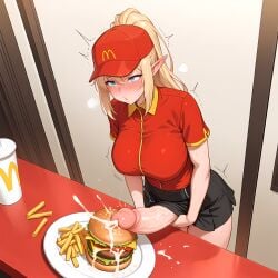 ai_generated big_breasts black_skirt blonde_hair blue_eyes blush_lines cap cum cum_drip cum_on_food cumming cumming_on_food cumshot ejaculation elf elf_ears elf_futanari eogard_orc erection food food_on_plate food_play fries futa_only futa_sans_pussy futanari hamburger high_ponytail huge_cock masturbation mcdonald's orgasm orgasm_face original_character penis self_upload stable_diffusion uncensored