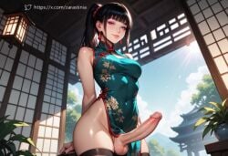 1futa ai_generated black_hair brown_thighhighs china_dress chinese_clothes day earrings eyeshadow full-package_futanari futa_only futanari green_eyes hair_tie indoors large_penis long_hair medium_breasts ponytail qipao solo standing thighhighs wide_hips zarastinia