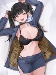 1girls :d absurdres arms_up black_bra black_choker black_hair black_jacket black_panties black_skirt blunt_bangs blush bra breasts brown_eyes choker collarbone commentary cowboy_shot earbuds earphones earrings english_commentary female fiftya floral_print goddess_of_victory:_nikke gradient_background grey_background half-closed_eyes highres jacket jewelry large_breasts long_hair long_sleeves looking_at_viewer lying miniskirt mole mole_under_eye navel oerba_yun_fang on_back open_clothes open_jacket open_mouth paid_reward_available panties panty_straps pencil_skirt pendant_choker print_bra side_slit single_earphone single_earring skirt smile snake_earrings solo sora_(nikke) stomach string_panties twintails two-tone_background underwear white_background