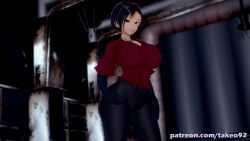 1girls 3d ada_wong ada_wong_(ty_brenneman) black_hair brown_eyes cleavage curvaceous curvy female female_only fully_clothed gloves huge_breasts koikatsu large_breasts looking_at_viewer night patreon pinup resident_evil resident_evil_6 revealing_clothes shirt short_hair skimpy skimpy_clothes solo takeo92 text thick thick_thighs tight_clothing tight_pants wide_hips