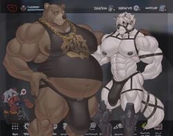 2025 abs accessory anthro anthro_on_anthro areola arm_around_shoulders armband bangs barazoku bear belly belly_overhang ben_bigger biceps big_belly big_bulge big_muscles blood bodily_fluids boots bulge canid canine canis cellphone claws clothed clothing deltoids duo_focus electronics footwear fur furgonomics gab_(gabgbb) gabgbb gameplay_mechanics gold_(metal) gold_jewelry group hair hand_on_shoulder harness heart_symbol hi_res huge_belly huge_bulge huge_muscles jewelry jockstrap legband looking_at_viewer male male/male mammal mask mihoyo musclegut muscular muscular_anthro muscular_male narrowed_eyes navel necklace nipples nosebleed overweight overweight_anthro overweight_male pecs phone quads scar serratus shirt shoes simple_background smartphone smile speech_bubble standing tail tail_accessory tailband taking_picture tank_top thick_arms thick_thighs thong topless topless_anthro topless_male topwear trio tuft underwear von_lycaon wolf zenless_zone_zero