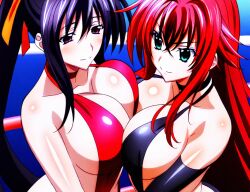 2girls ai_generated akeno_himejima big_breasts black_hair blush breasts_pressed_against_another couple crimson_hair curvy female_only fighting_ring hair_ribbon high_school_dxd lesbian light_skin looking_at_each_other orange_ribbon ponytail pressing_breasts_together rias_gremory sky_blue_eyes smile very_long_hair violet_eyes voluptuous yuri