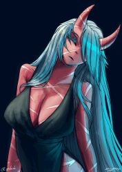 1girl akumi aqua_hair artist_name black_background blue_hair breasts cleavage closed_eyes closed_mouth collarbone hair_over_one_eye horns large_breasts long_hair oni parted_lips shiny signature simple_background single_horn solo twitter_username upper_body virtual_youtuber vyugen