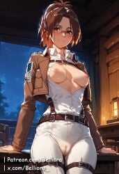 ai_generated ai_slop_(low_quality_ai) attack_on_titan belliora belt belt_buckle blush breasts_out brown_eyes brown_hair brown_hair_female camel_toe clothed clothed_female clothing female female_focus female_only glasses hange_zoe hanji_zoe jacket jacket_open leaning_backward leaning_on_table looking_down looking_down_at_viewer mostly_clothed mostly_clothed_female open_jacket patreon patreon_username ponytail shingeki_no_kyojin shiny shiny_skin short_hair smile smiling smiling_at_viewer solo solo_female solo_focus thick_thighs