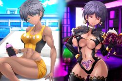 before_and_after bimbo bimbofication breast_expansion corruption dark-skinned_female elbow_gloves enemy_conversion female huge_breasts hypnosis personality_change priestess pubic_tattoo saino_kavvara sportswear tan tomboy transformation wide_hips 賽野瓦