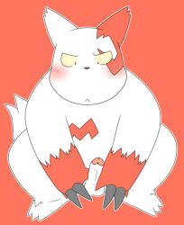 2008 anthro balls black_nose blush erection genitals kemono male nintendo penis penta002 pokémon_(species) pokemon pokemon_(species) red_background red_body simple_background slightly_chubby solo video_games white_body zangoose