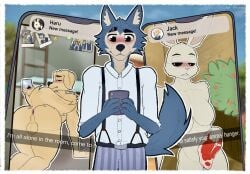 anthro ass balls beastars bird_dog breasts canid canine canis clothed clothing d_geazz domestic_dog electronics female fur genitals grey_body grey_fur grey_tail group haru_(beastars) hi_res holding_object holding_phone hunting_dog jack_(beastars) labrador lagomorph legoshi_(beastars) leporid looking_at_viewer male mammal mirror netflix phone presenting rabbit retriever selfie tail text trio white_body wolf