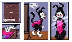 animaniacs anthro ass bulge clothed clothing comic crossdressing embarrassed english_text erection genitals hi_res james_murray male mirror penis solo speech_bubble stolen_clothing swimsuit_bulge swimwear text warner_brothers yakko_warner