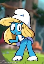 1girls animated ass ass beachside_bunnies black_eyes blonde_hair blue_body blue_skin clothed clothing dress eyelashes female footwear headwear humanoid long_hair no_panties short_playtime smile smurf smurfette solo solo_female standing tagme tail thighs video white_clothing white_dress