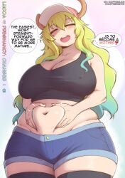 1girls blonde_hair blush breasts cleavage closed_eyes coffeeslice covered_erect_nipples curvy curvy_female english_text female_focus green_hair hat highres horns jean_shorts kobayashi-san_chi_no_maidragon large_breasts long_hair lucoa_(maidragon) midriff multicolored_hair navel plump short_shorts shorts skindentation solo speech_bubble thick_thighs thighs two-tone_hair wide_hips