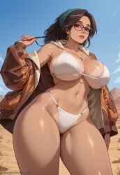 ai_generated alma_(monster_hunter_wilds) alternate_version_at_source big_breasts bikini black_hair breasts brown_skin desert female glasses hypet looking_at_viewer low-angle_view monster_hunter monster_hunter_wilds shiny shiny_skin standing tagme thick thick_ass thick_legs thick_thighs thighhighs thighs video_game_character video_games wide_hips