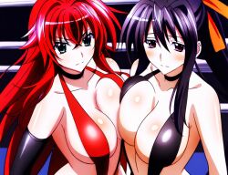 2girls ai_generated akeno_himejima big_breasts black_hair blush breast_press breast_to_breast couple crimson_hair curvy female_only fighting_ring hair_ribbon high_school_dxd light_skin orange_ribbon ponytail rias_gremory sky_blue_eyes very_long_hair violet_eyes voluptuous yuri yuri