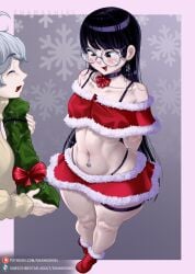 belly_button_piercing choker christmas_outfit glasses long_hair original_character shamashiel