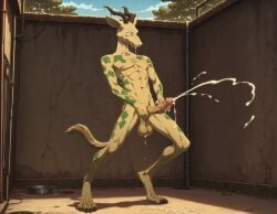 ai_generated anthro_only beastars big_penis cum cumming cumming_from_masturbation drooling ejaculation gazelle leopard male_only masturbation melon_(beastars) outside pleasure_face standing_masturbation two-handed_masturbation