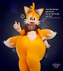 1boy 3d anthro bottomless clothing crop_top dialogue english_text femboy fox goggles goggles_on_head male male_only melongoat3d png sega shirt solo sonic_(series) tagme tails tails_the_fox text thick_thighs thunder_thighs twink wide_hips