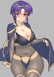 1girls alternate_costume bangs belly belly_button blue_cape blue_eyes blue_hair blush bodystocking breasts bridal_gauntlets cape circlet cleavage closed_mouth cosplay covered_navel eyebrows_visible_through_hair female_only fire_emblem fire_emblem:_the_blazing_blade fire_emblem_awakening full-face_blush grey_background highres hips large_breasts looking_at_viewer medium_hair nintendo outline purple_eyes purple_hair ryumi-gin simple_background sitting skin_tight smile solo tharja_(fire_emblem)_(cosplay) thick_thighs thighs tiara ursula_(fire_emblem) wide_hips