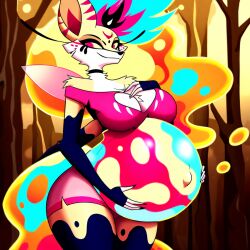 ai_generated anthro hellhound helluva_boss pregnant pregnant_female queen_bee-lzebub_(helluva_boss) yellow_fur