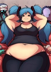 armpit_hair armpits belly belly_button big_belly big_breasts blue_hair cleavage fat fat_ass hatsune_miku laying_on_back laying_on_bed navel smiling smiling_at_viewer tank_top vocaloid