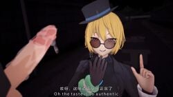 1girls blonde_hair chinese_clothes chinese_text don_quixote_(limbus_company) glasses handjob hat limbus_company lune_(artist) project_moon short_hair smile tagme video