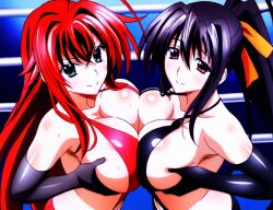 2girls ahoge ai_generated akeno_himejima antenna_hair big_breasts black_hair blush breasts_to_breasts couple crimson_hair curvy female_only fighting_ring hair_ribbon high_school_dxd lesbian light_skin orange_ribbon ponytail rias_gremory sky_blue_eyes smile sweat very_long_hair violet_eyes voluptuous yuri