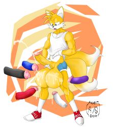 absurd_res ancient-onyx anthro athletic balls ballskkake big_balls big_penis bodily_fluids bottomwear bukkake canid canine clothing cum cum_on_balls footwear fox genital_fluids genitals group hi_res hotpants huge_balls hyper hyper_balls hyper_genitalia male male/male mammal penis sega shirt shoes shorts sneakers sonic_(series) sonic_the_hedgehog_(series) tails tank_top topwear