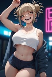 1girls ai_generated alternate_costume bangs bare_shoulders big_breasts blonde_hair blurry_background breasts cleavage clothing collarbone crop_top curvy earrings eyelashes female female_focus female_only fringe glowing_eyes hair_bun himiko_toga hoop_earrings human jacket jewelry large_breasts long_sleeves looking_at_viewer my_hero_academia navel neon_lights night off_shoulder_jacket open_mouth outdoors pinup revealing_clothes short_shorts shorts skimpy sleeveless sleeveless_shirt slit_pupils smile solo solo_female tank_top teeth thick_thighs thighs tied_hair underboob voluptuous yellow_eyes