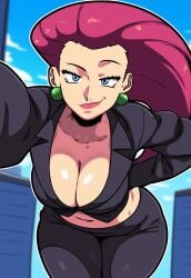 ai_generated belly bent_over d-art_style jessie_(pokemon) leaning_forward lubbasdump magenta_hair midriff office office_clothing office_lady pokemon slacks smirk