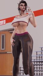 3d abs big_breasts black_hair bright_pupils bulge_through_clothing crop_top fade_(valorant) flaccid futanari giant_penis long_penis manufatura piercing ring self_upload short_hair tagme tattoo thick_thighs valorant