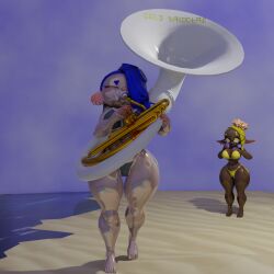 2girls 3d barefoot big_breasts bikini blender blender_(software) brass_instrument closed_eyes dld493v2 female female_only frye_(splatoon) large_breasts nintendo playing_instrument puffed_cheeks request self_upload shiny_skin shiver_(splatoon) sousaphone splatoon tentacle_hair thick_thighs tuba weird wide_hips