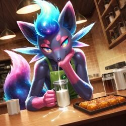 ai_generated apron barista cum_drool drooling drooling_into_cup looking_at_viewer male_only spit zorua