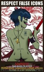 ass gorillaz guitar jamie_hewlett looking_at_viewer looking_back male male_only murdoc_niccals no_visible_genitalia official_art skinny small_ass solo solo_focus solo_male tattoo tattoos tongue tongue_out