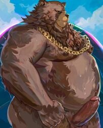 1boy animal_ears bara bear_boy bear_ears belly ben_bigger biceps blue_sky brown_fur chain_necklace chains cloud cloudy_sky completely_nude english_commentary erection facing_to_the_side fat furry furry_male highres jessebrart jewelry looking_to_the_side male_focus male_only navel necklace nipples nude penis plump sky solo_male sweat testicles veins veiny_penis very_sweaty zenless_zone_zero