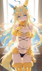 ai_generated animal_ears blue_eyes breast cosplay female hair_accessory hips horse_girl long_hair mash_kyrielight_(dangerous_beast)_(cosplay) neo_universe_(umamusume) two_tone_hair umamusume umamusume_pretty_derby yellow_hair