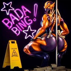 3d 3d_(artwork) ass ass_focus big_ass butt_focus chewychan demon demon_girl doom doom_eternal female female_only imp_(doom) looking_at_viewer looking_back neon neon_lights pole pole_dancing sfm solo squatting