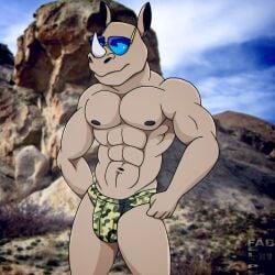 1:1 1_horn 2018 abs anthro biped black_nipples briefs briefs_only bulge camo camo_clothing camo_print camo_underwear clothed clothing digital_media_(artwork) fabfelipe facial_horn hi_res horn male mammal mouth_closed muscular muscular_anthro muscular_male navel nipples nose_horn pattern_clothing pattern_underwear rhinoceros solo standing topless topless_anthro topless_male underwear underwear_only wearing_sunglasses