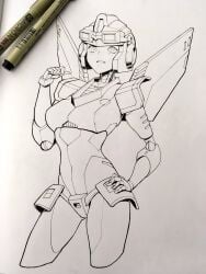 1girls alien alien_girl anode boobs breasts curvaceous curvy curvy_figure female female_only gynoid hand_on_hip humanoid looking_at_viewer medium_breasts photo_(medium) robot robot_girl robot_humanoid small_panties solo solo_female traditional_media_(artwork) transformers transformers_idw wings zoner233