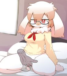 2021 anthro bed bodily_fluids bottomless breasts clothed clothing crepix detailed_background digital_media_(artwork) disembodied_hand duo eyewear female fur furniture genitals glasses hair humanoid_hands inside japanese_school_uniform kemono kneeling lagomorph leporid mammal neck_tuft on_bed panties panties_around_one_leg partially_clothed pubes pussy rabbit red_eyes serafuku sweat topwear translucent translucent_hand tuft underwear underwear_around_one_leg white_body white_fur white_hair